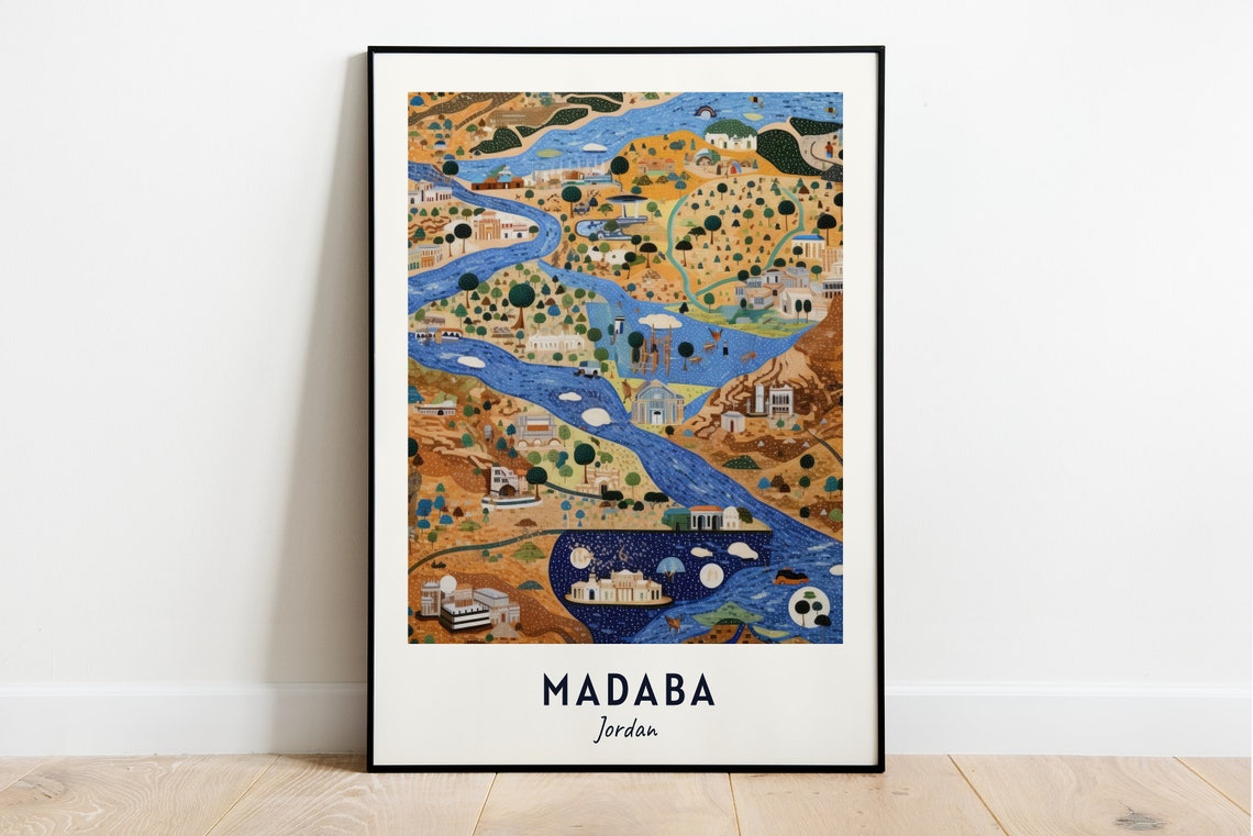 Madaba Jordan Illustrated Mosaic Map Style Vintage Artwork Poster