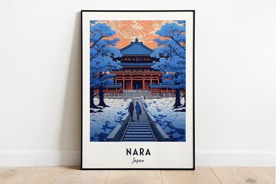 Nara Japan Snow Covered Temple At Sunset Retro Style Travel Poster