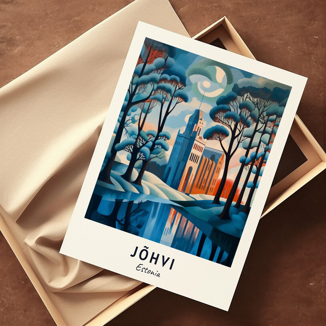 Serene Jõhvi Estonia Winter Forest Church Moon Snow Travel Poster - Image 3