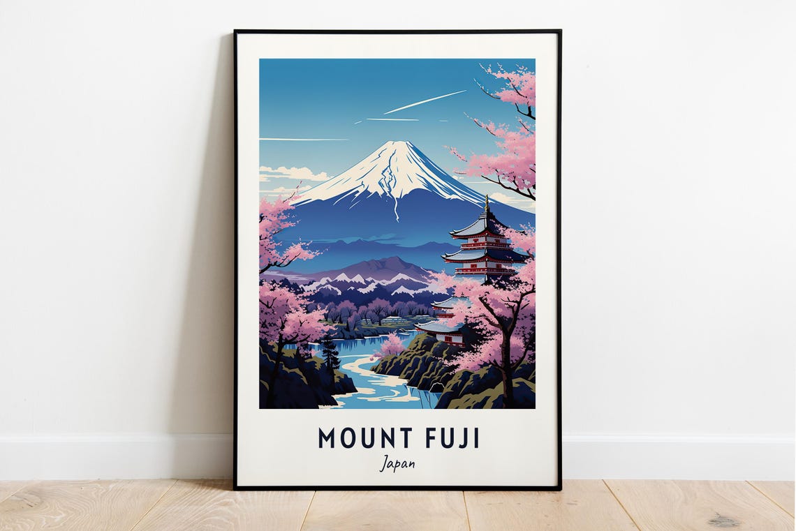 Mount Fuji Japan Pagoda Cherry Blossom Spring View Travel Poster