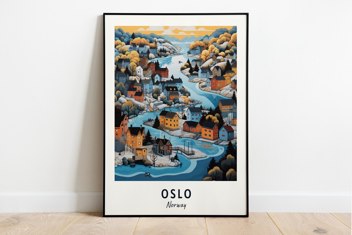 Oslo Winter Fjord Village Aerial Colorful Houses Travel Poster