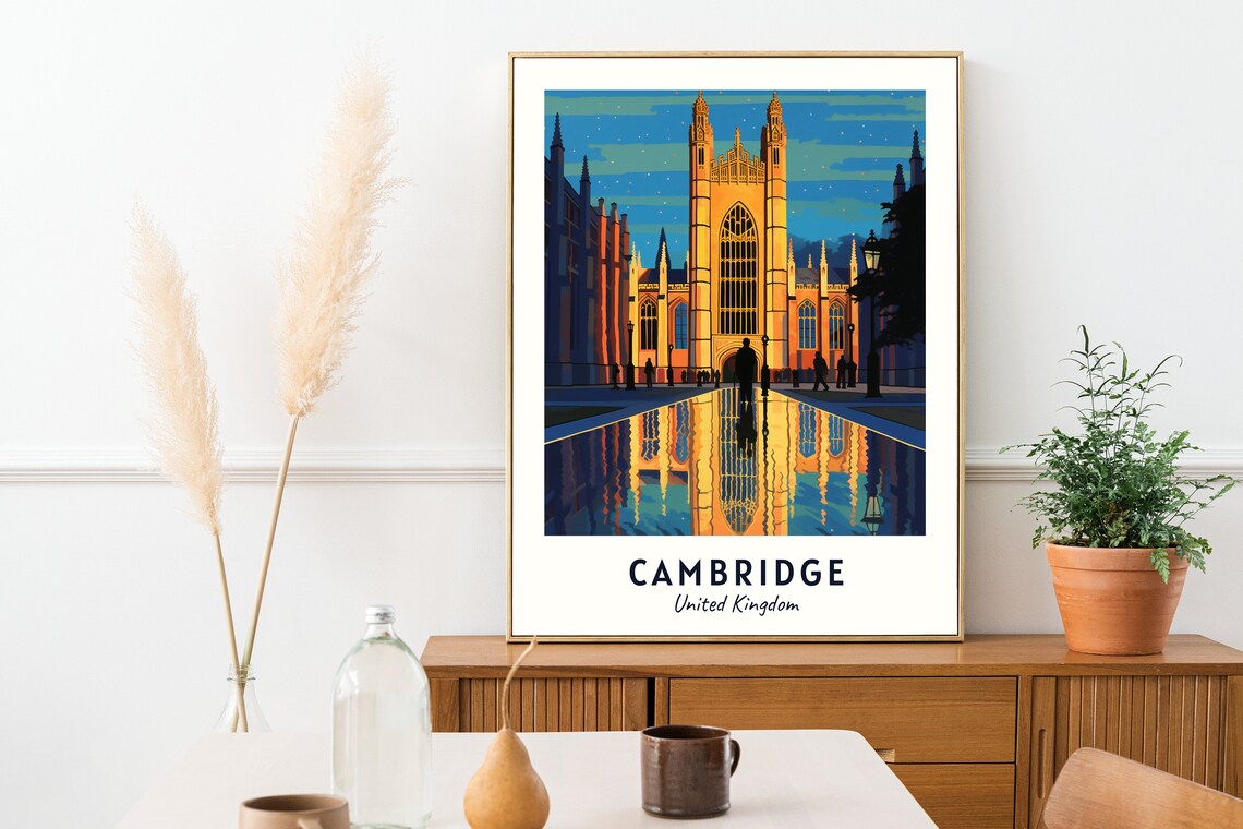 Cambridge United Kingdom Gothic College Chapel Dusk Travel Poster - Image 2