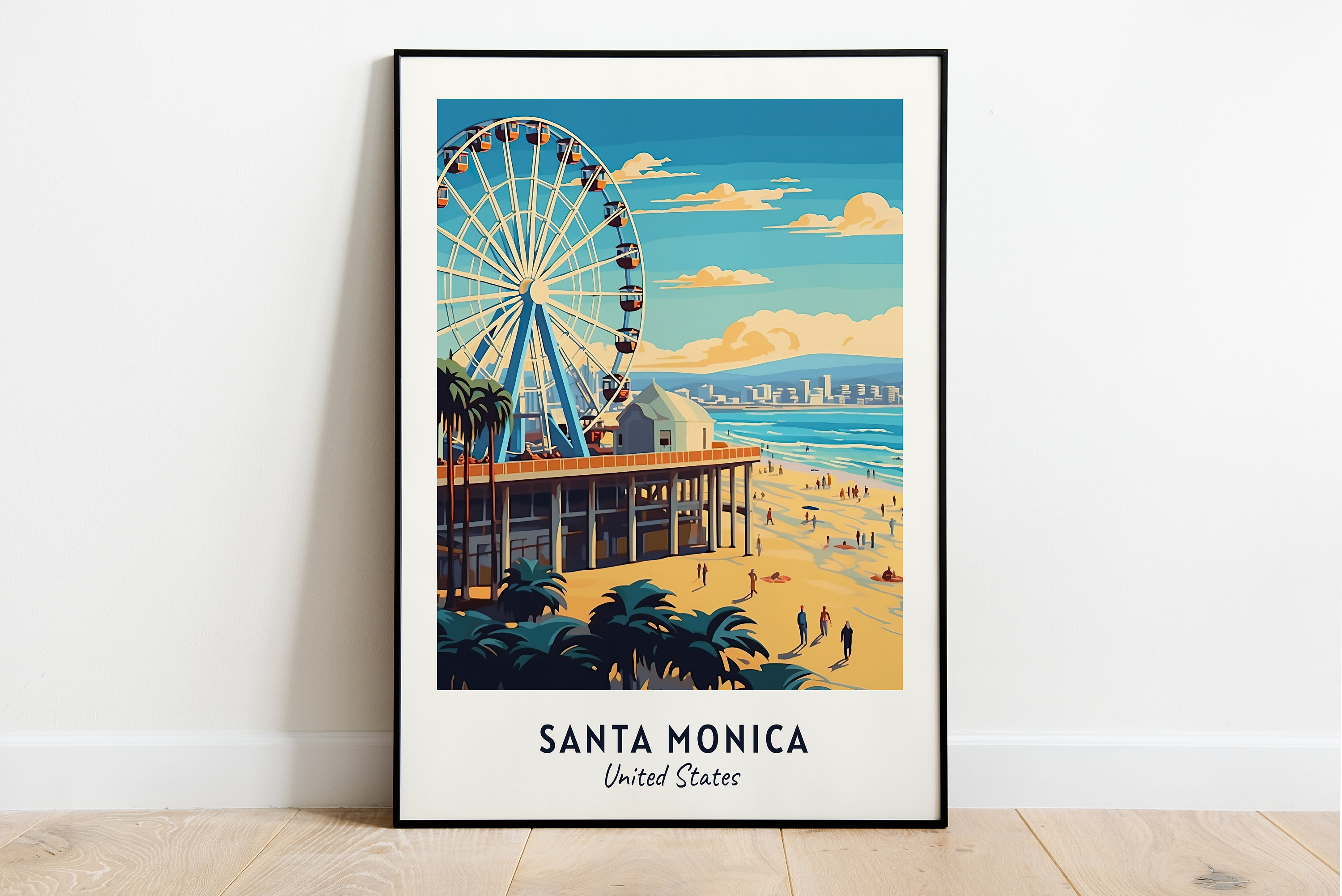 Santa Monica California Pier Ferris Wheel Beach Sunset Travel Poster