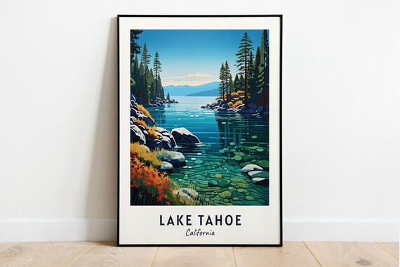 Lake Tahoe California Crystal Clear Shoreline Pines Travel Poster