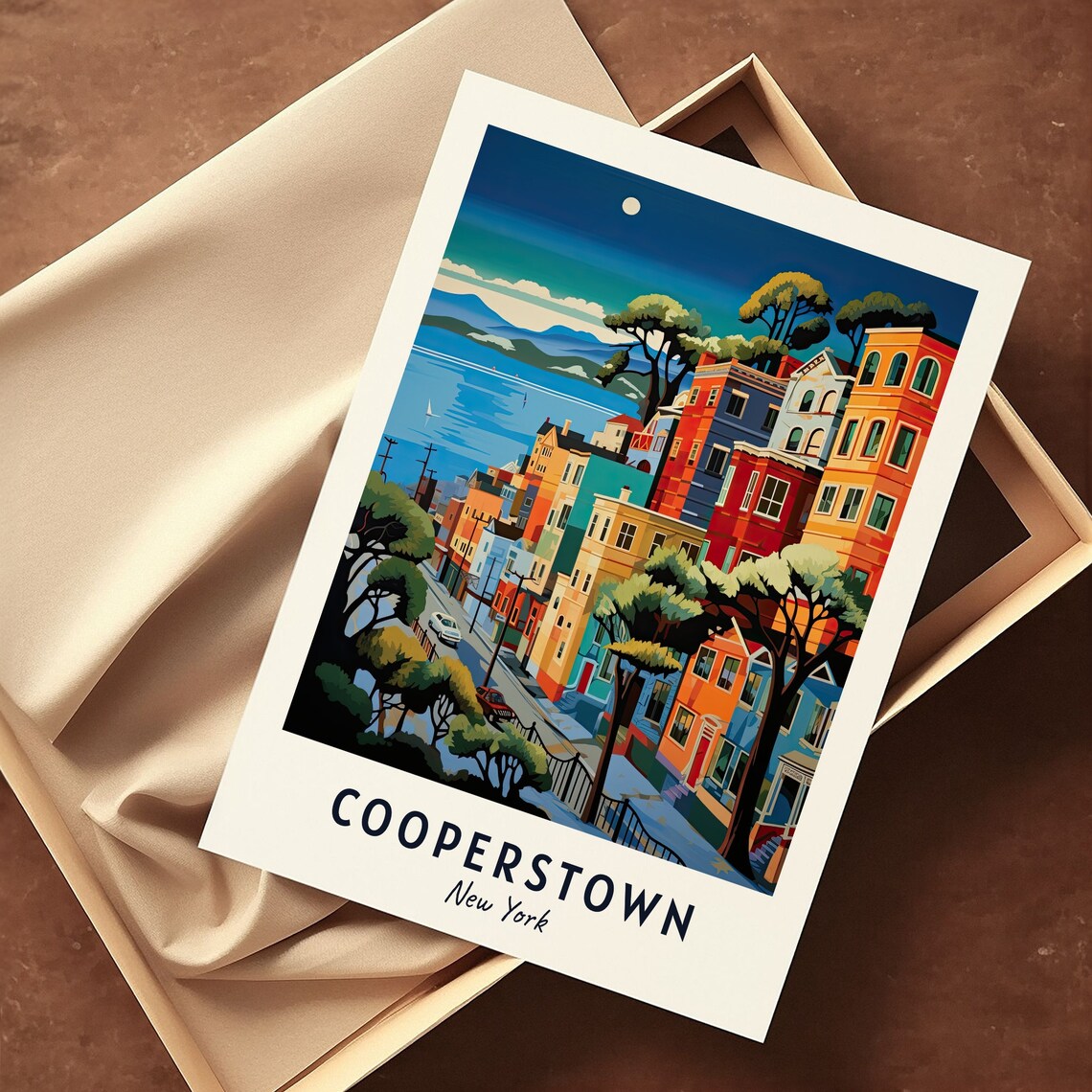 Cooperstown New York Colorful Hillside Street Lake Night Travel Poster - Image 3