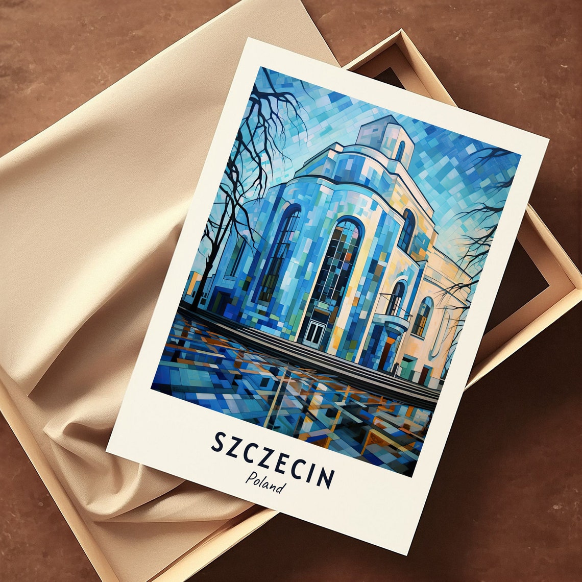 Szczecin Philharmonic Hall Blue Glass Facade Night Travel Poster - Image 3