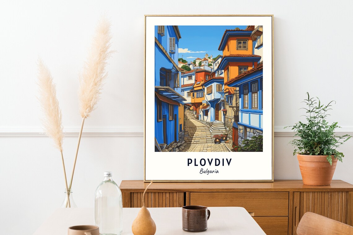 Plovdiv Bulgaria Colorful Old Town Street With Stone Steps Travel Poster - Image 2