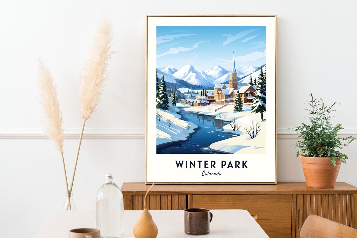 Winter Park Colorado Church and Winding River Snowy Winter Poster - Image 2