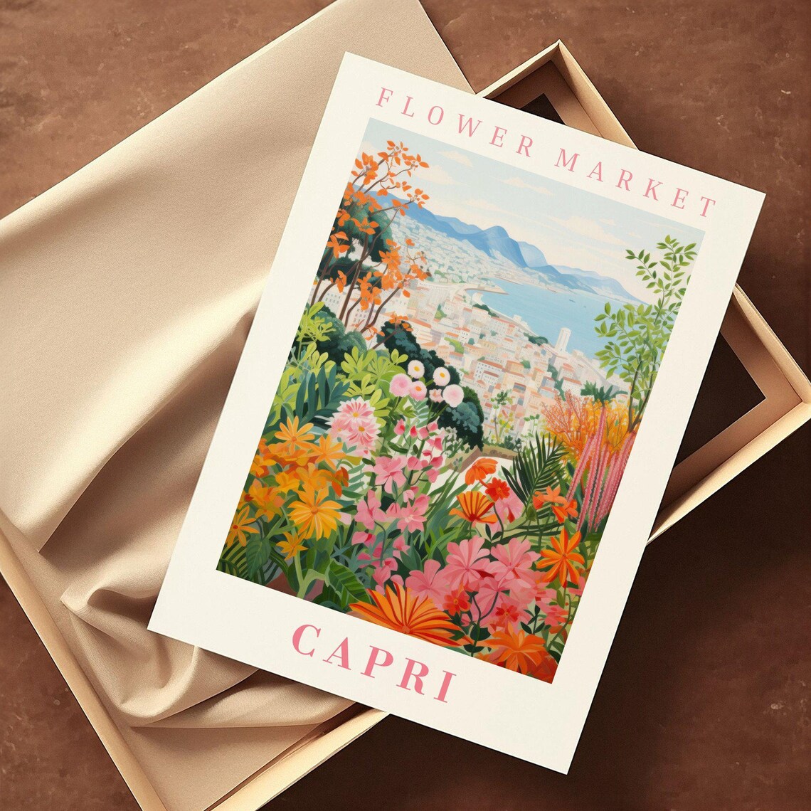 Capri Flower Market Coastal Hillside Bay View Italian Travel Poster - Image 2