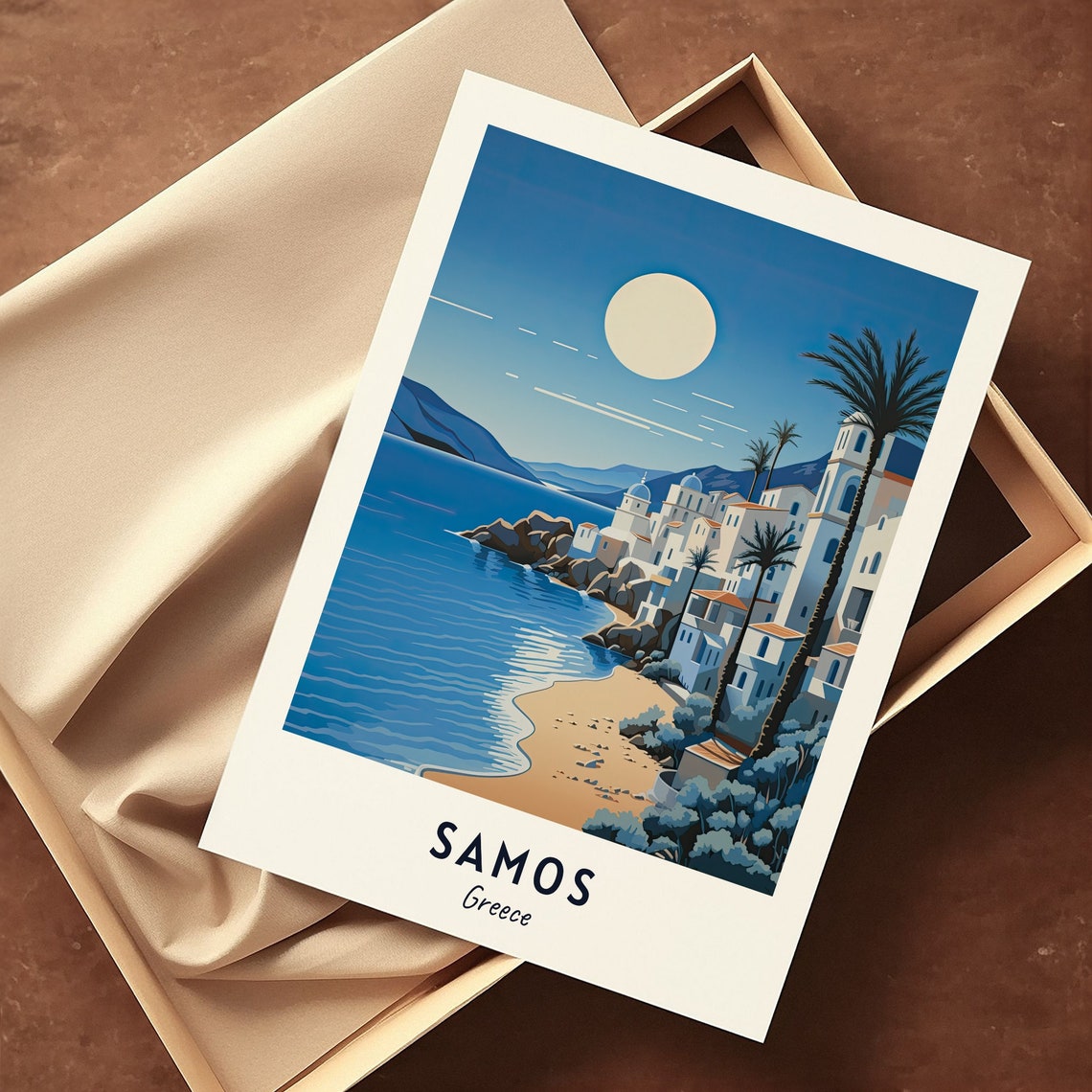Samos Greece Moonlit Beach With Whitewashed Village Scene Poster - Image 3