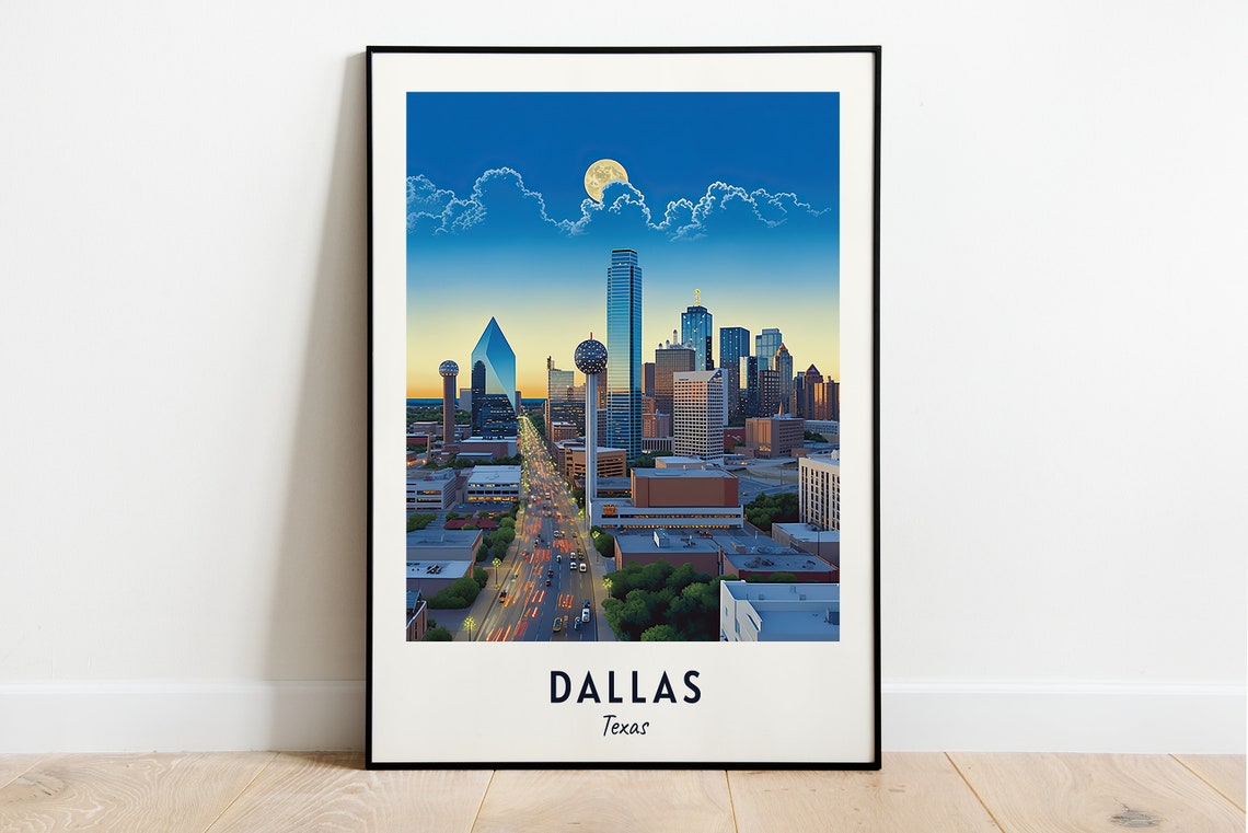 Dallas Texas Reunion Tower Dusk Moonlit Skyline Travel Poster