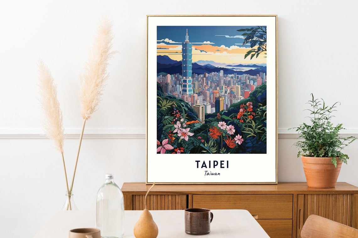 Taipei Taiwan Taipei 101 Tower Dusk Skyline Flowers Travel Poster - Image 2