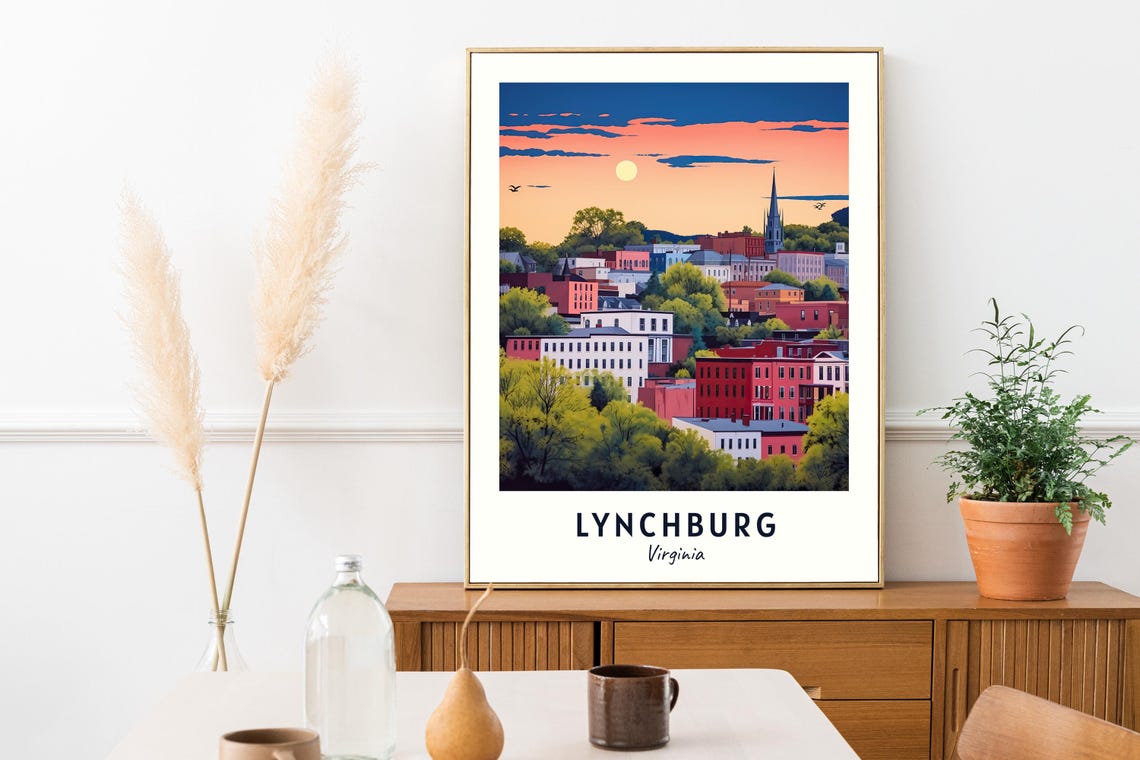 Lynchburg Virginia Sunset Hillside Townscape Moon Travel Poster - Image 2