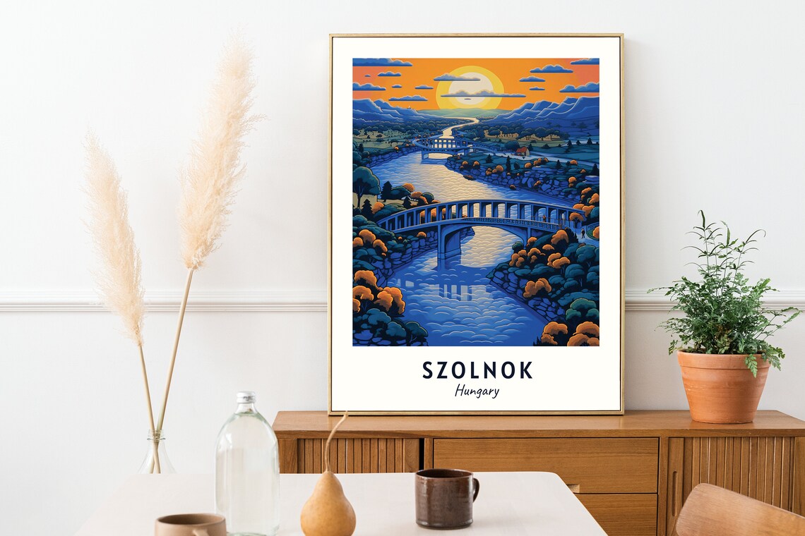 Szolnok Hungary River Bridges Sunset Illustrated Travel Poster - Image 2