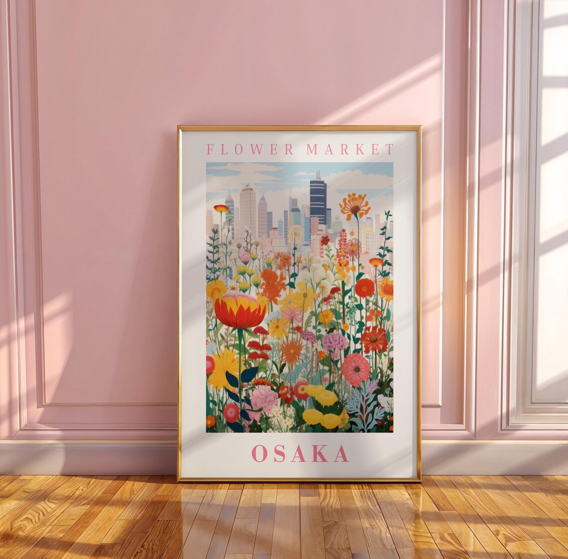 Osaka Japan Flower Market Sunflower Meadow Skyline Travel Poster - Image 3