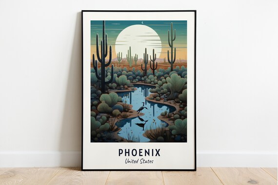 Phoenix Desert Saguaro Cacti Moonrise Oasis Herons Travel Poster