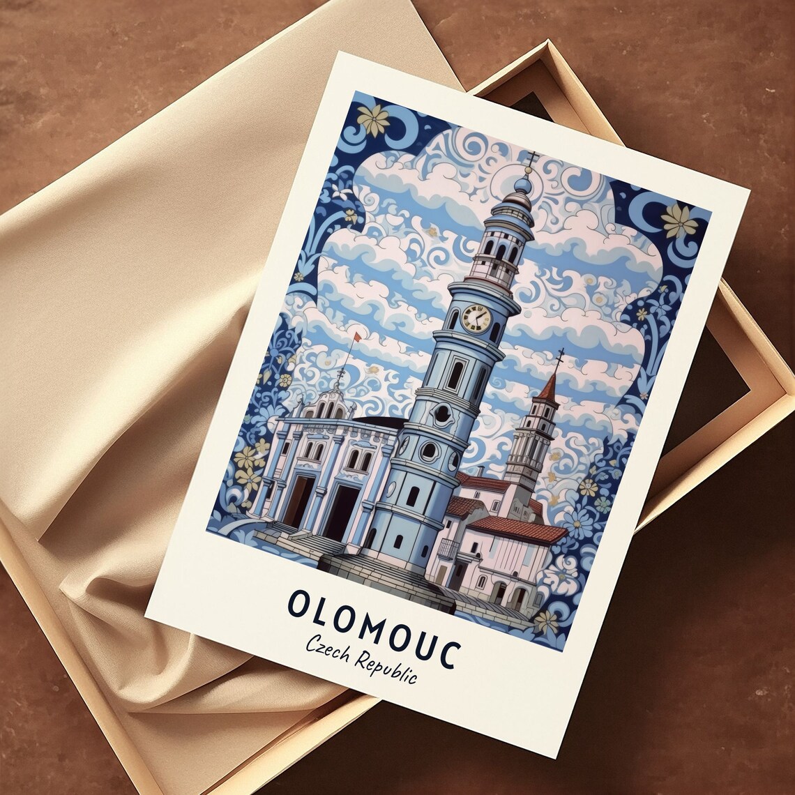 Olomouc Czech Republic Blue Clock Tower Ornate Swirling Sky Art Print - Image 3