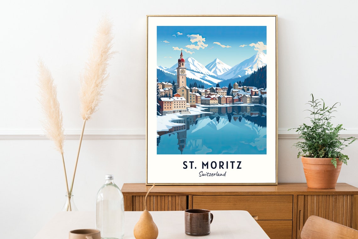 St. Moritz Switzerland Lake Reflection and Clock Tower Poster - Image 2