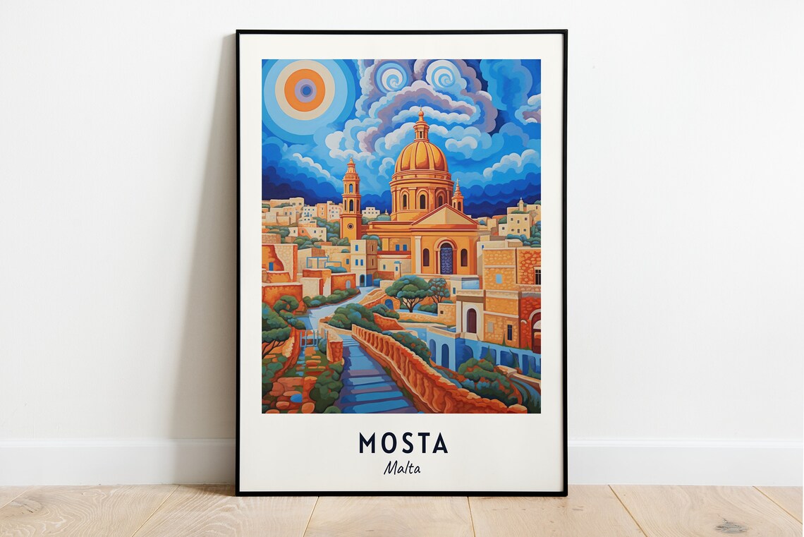 Mosta Malta Historic Dome Church Golden Sunset Skyline Travel Poster