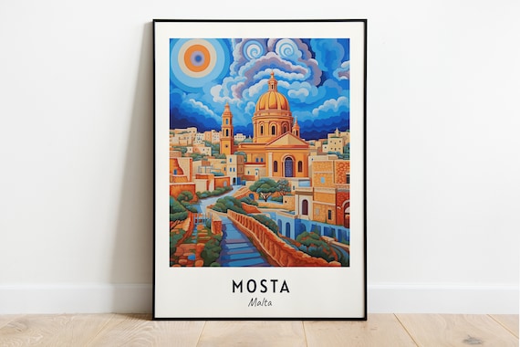 Mosta Malta Historic Dome Church Golden Sunset Skyline Travel Poster