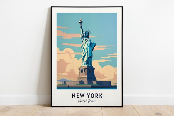 New York Statue of Liberty Blue Sky Island Green Lawn Poster