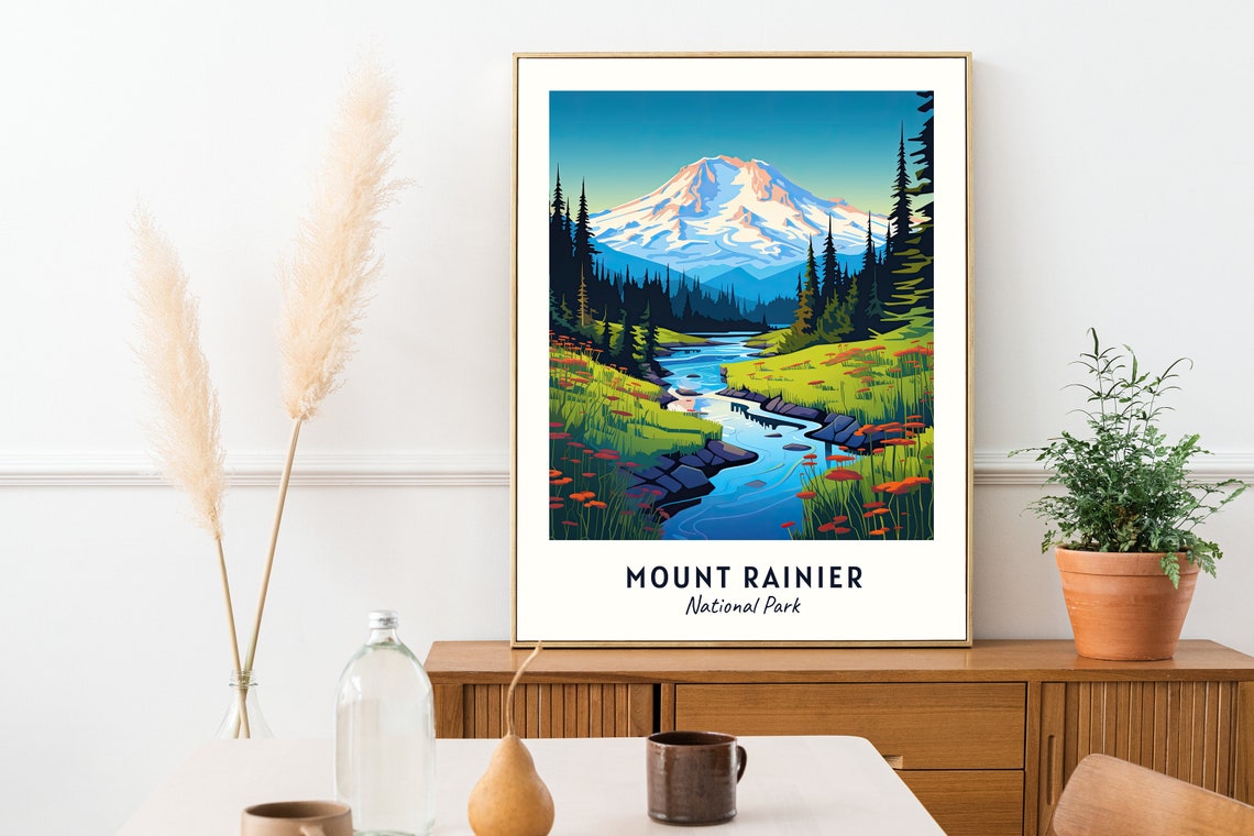 Mount Rainier National Park Snowcapped Peak Stream Travel Poster - Image 2