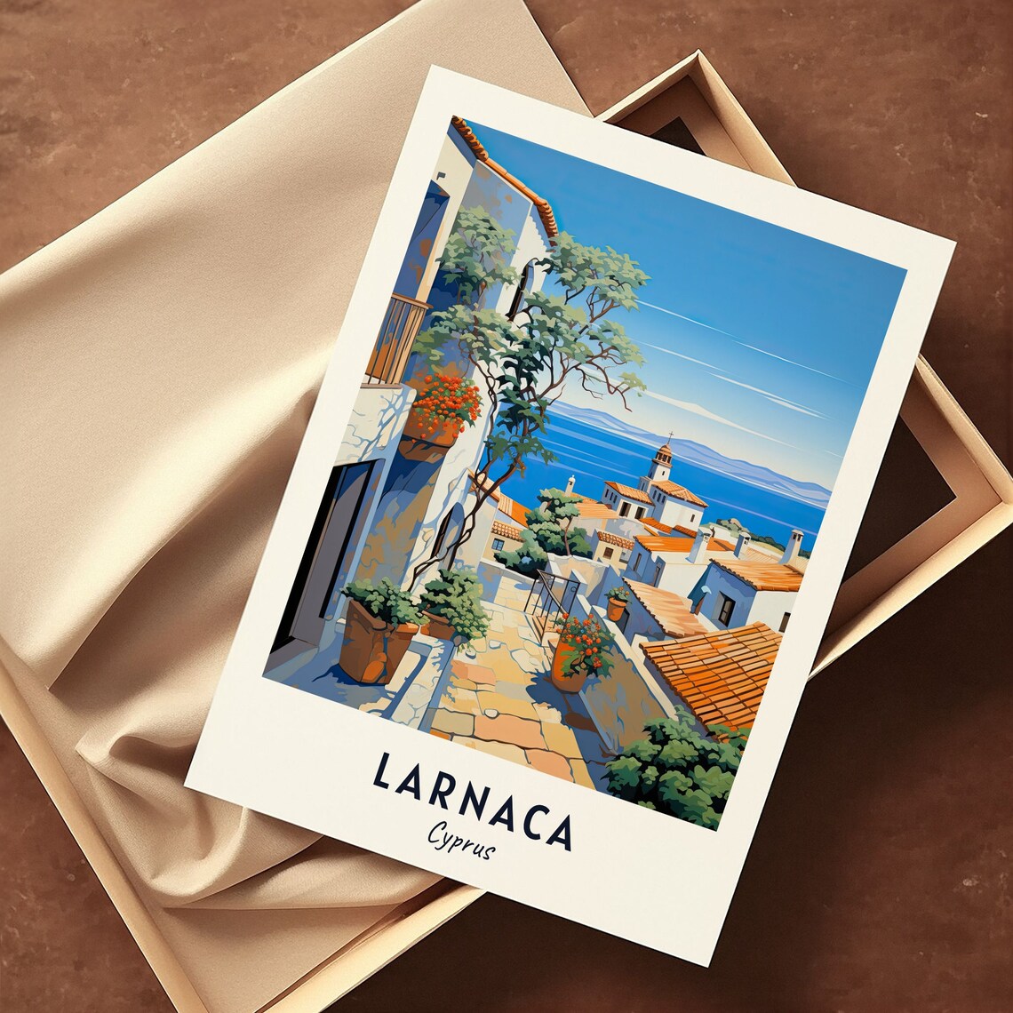 Larnaca Cyprus White Village Lane Sea View Minimalist Travel Poster - Image 3