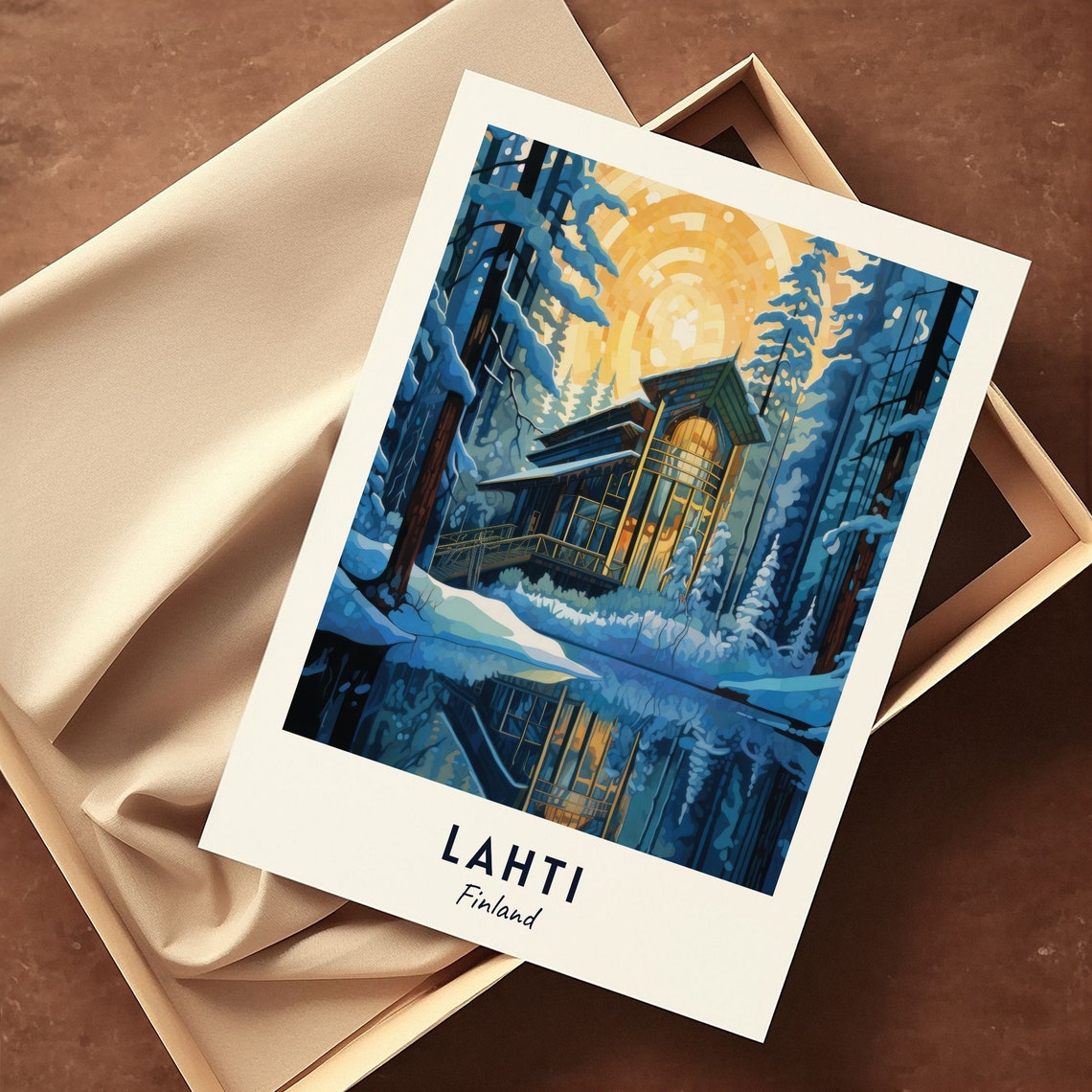 Lahti Sibelius Hall Snowy Pines Lake Dusk Glow Travel Poster - Image 3