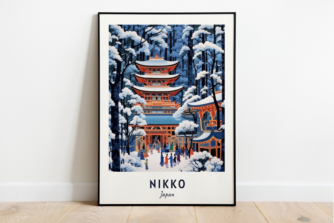 Nikko Japan Snowy Winter Pagoda Temple Retro Style Travel Poster