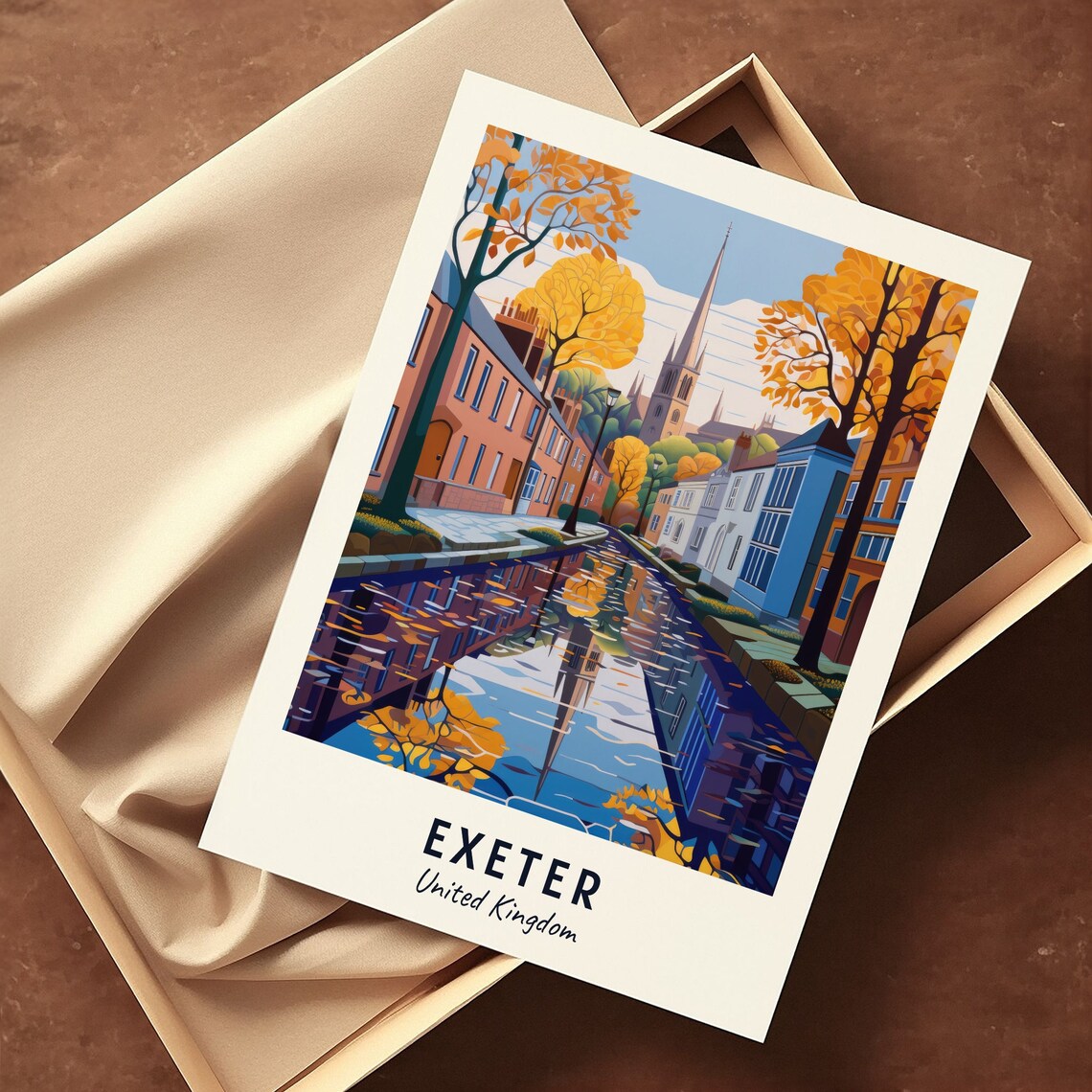 Exeter United Kingdom Autumn Canal and Church Spire Travel Poster - Image 3