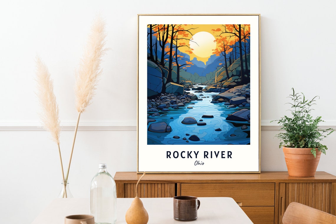 Rocky River Ohio Autumn Gorge Stream Golden Light View Poster - Image 2