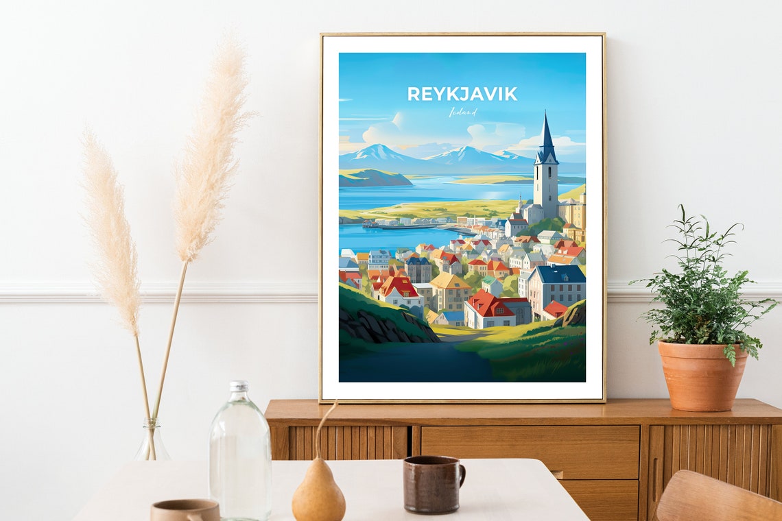Reykjavik Iceland Harbor Church Colorful Houses Fjord View Poster - Image 2