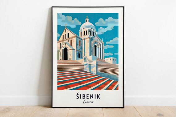 Sibenik Croatia Cathedral With Grand Striped Steps Seaside Travel Poster