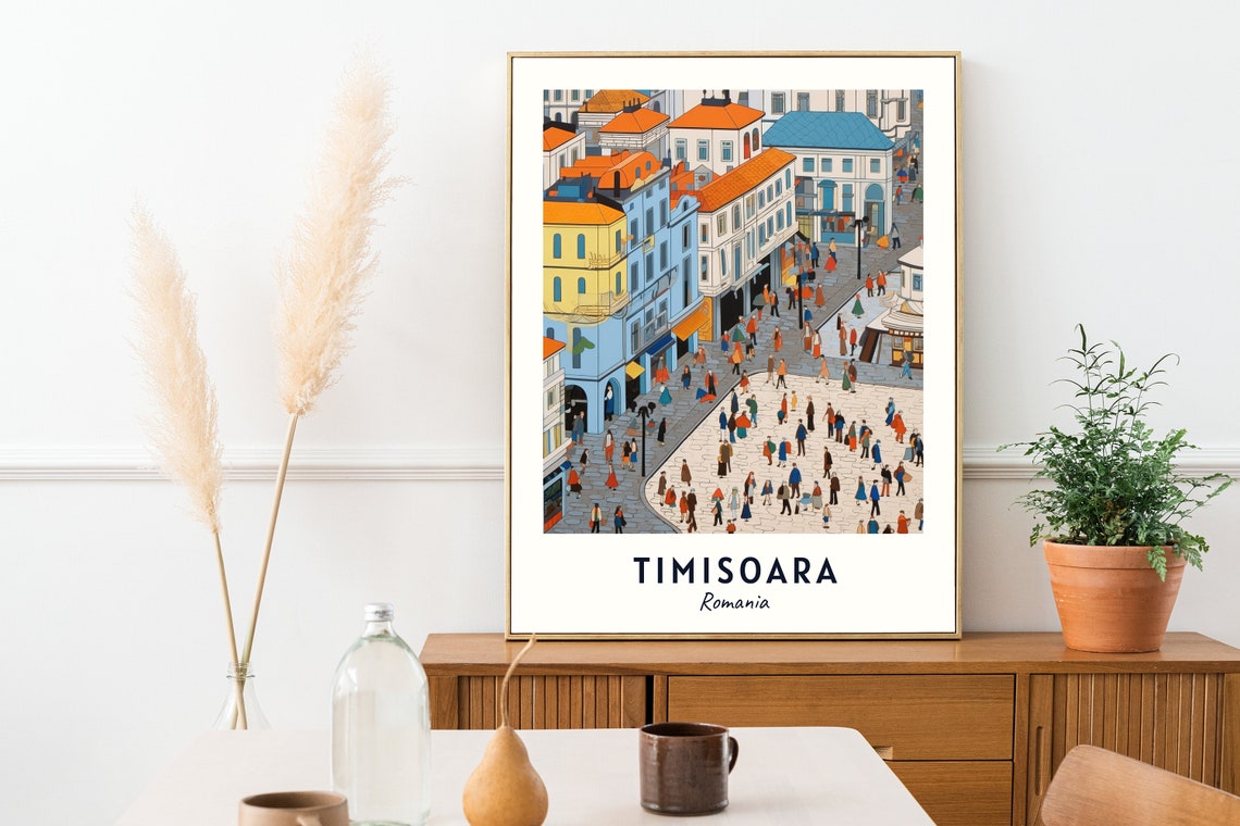 Timisoara Romania Union Square Crowd Street Scene Travel Poster - Image 2