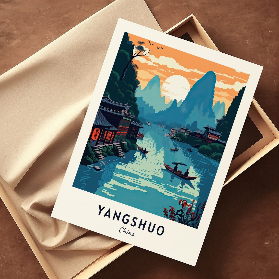 Yangshuo China Karst River Sunset Travel Poster Scenic Artwork - Image 3
