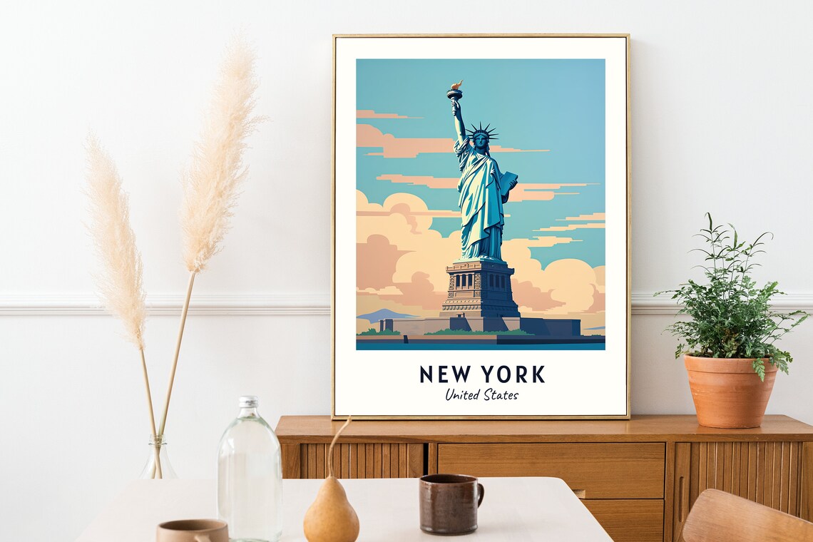 New York Statue of Liberty Blue Sky Island Green Lawn Poster - Image 2