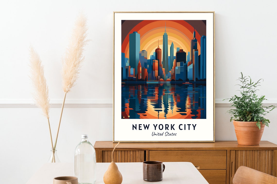 New York City Manhattan Skyline Water Reflection Sunset Travel Poster - Image 2