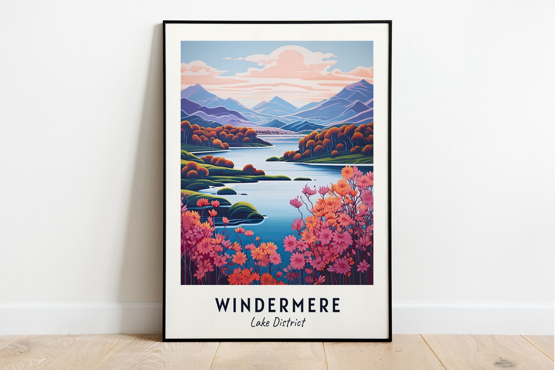 Windermere Lake District Autumn Blossom Lake Vintage Travel Poster