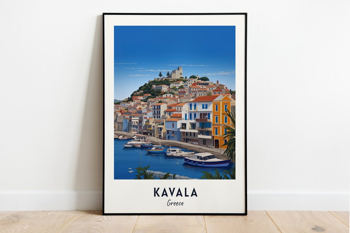 Kavala Greece Harbor Hillside Town Boats Aegean Travel Poster
