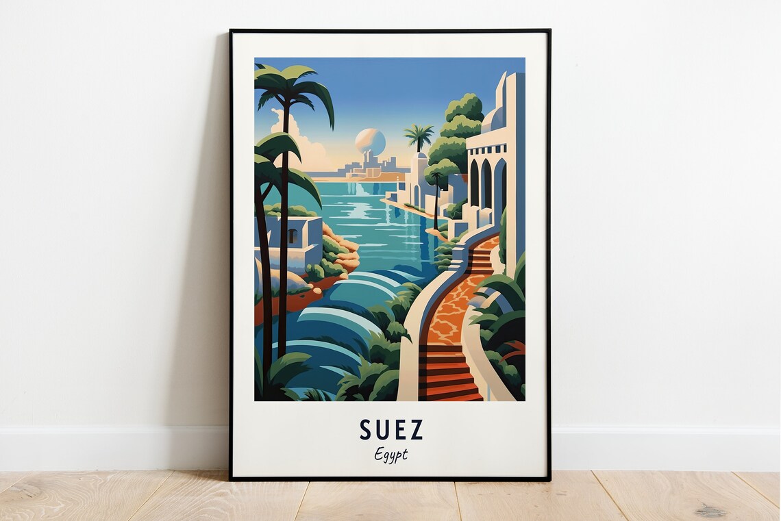 Suez Canal Waterfront Palm Promenade Historic Egypt Travel Poster