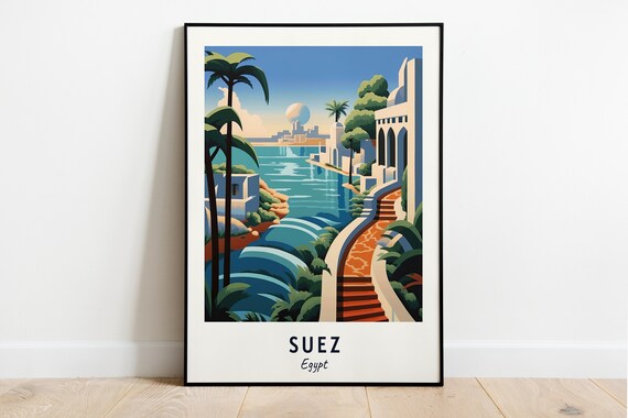 Suez Canal Waterfront Palm Promenade Historic Egypt Travel Poster