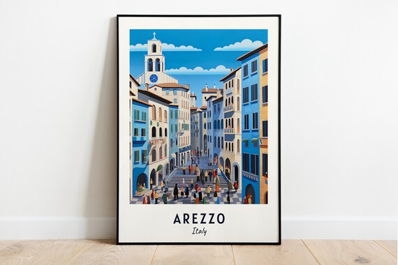 Arezzo Italy Sunlit Piazza Crowd Vintage Travel Poster Home Decor