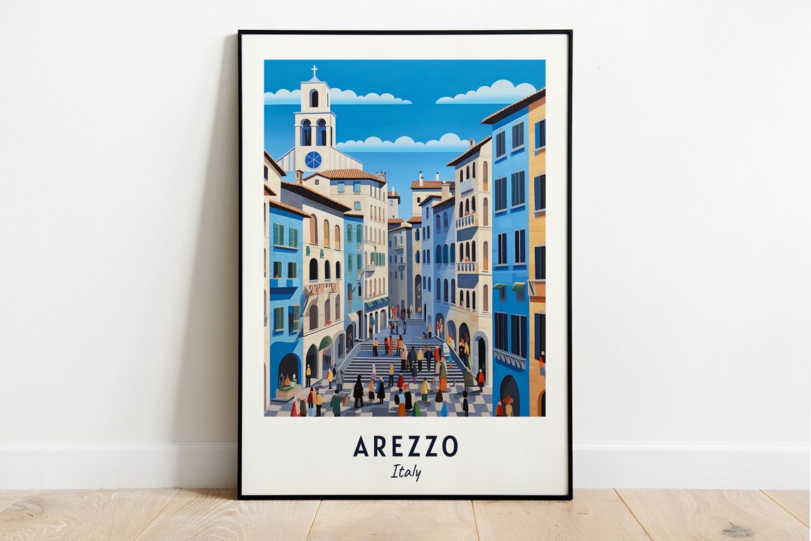 Arezzo Italy Sunlit Piazza Crowd Vintage Travel Poster Home Decor