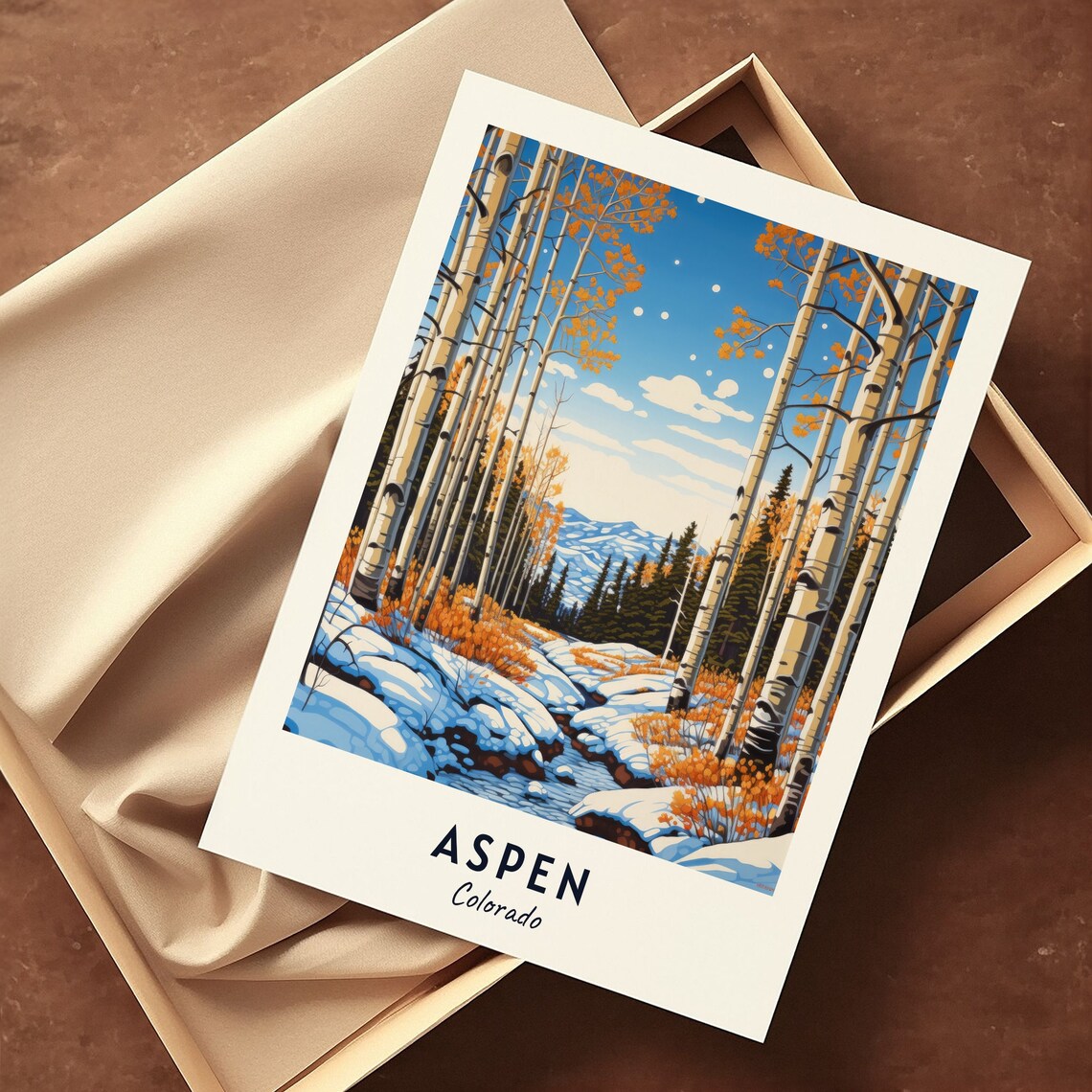 Aspen Colorado Orange Aspen Trees By A Snowy Stream Scene Poster - Image 3