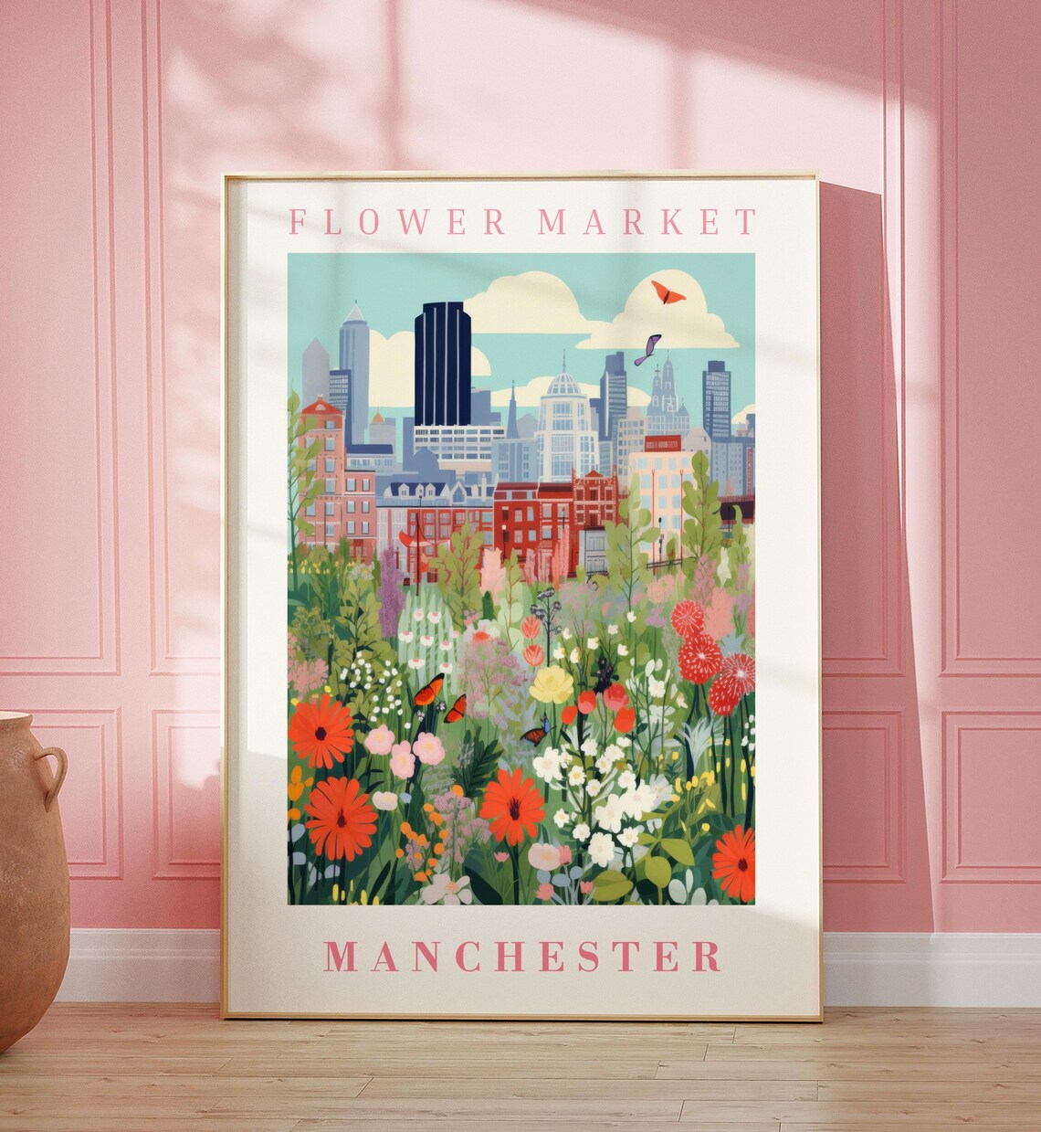 Manchester Flower Market Butterfly Meadow Skyline Travel Poster
