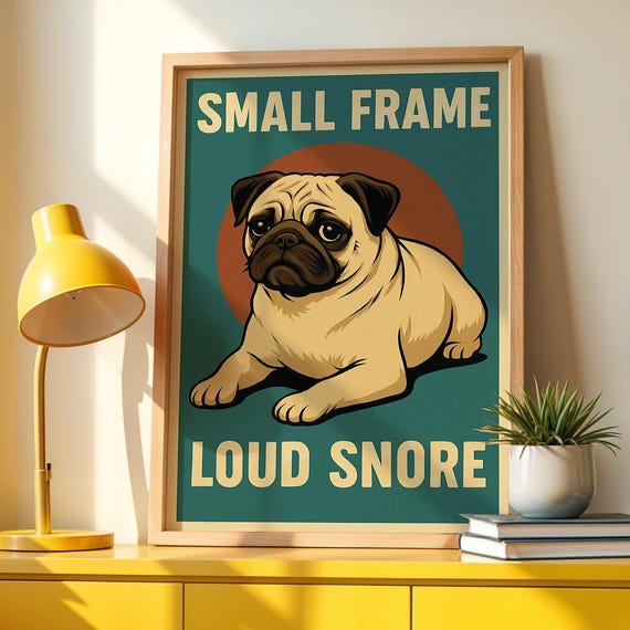Retro Pug Art Print Funny Dog Poster Midcentury Style