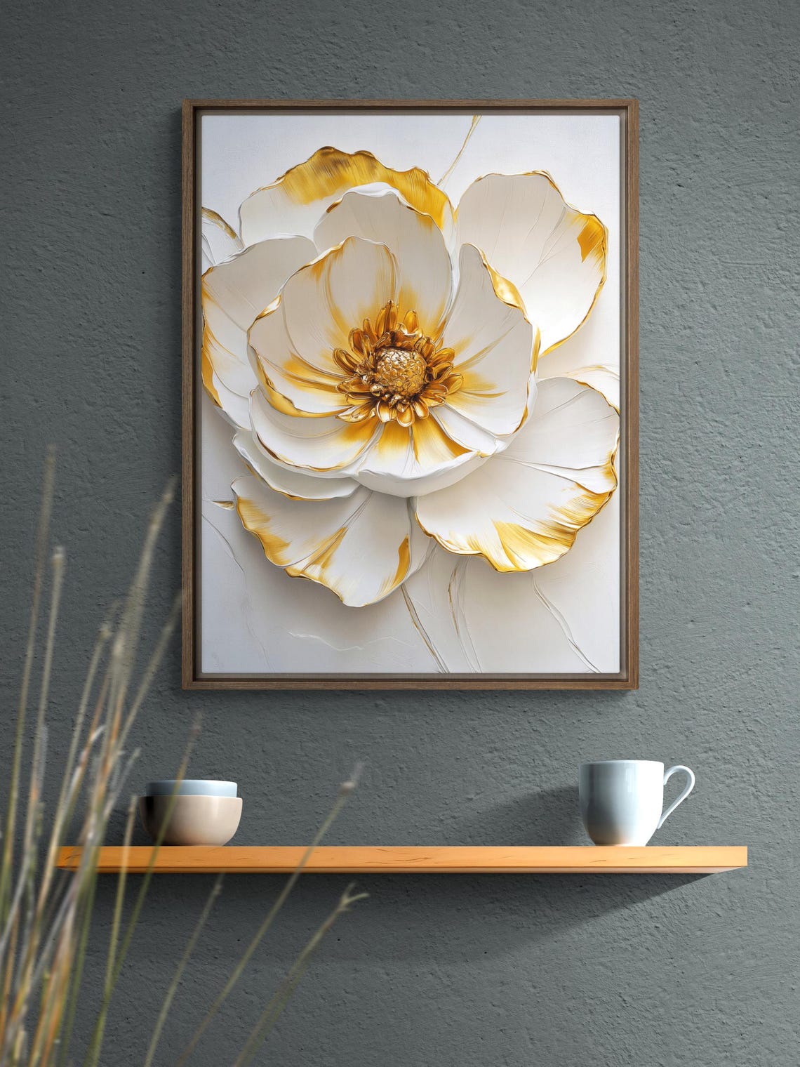 White Gold Impasto Flower 3D Textured Elegant Botanical Art Poster - Image 5