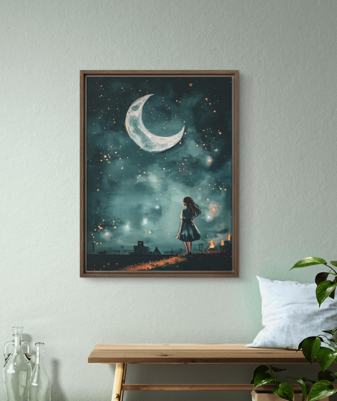 Starry Night Framed Print Dreamy Moonlit Sky Art With Pine Frame For Kids Rooms Nurseries And Cozy Home Decor
