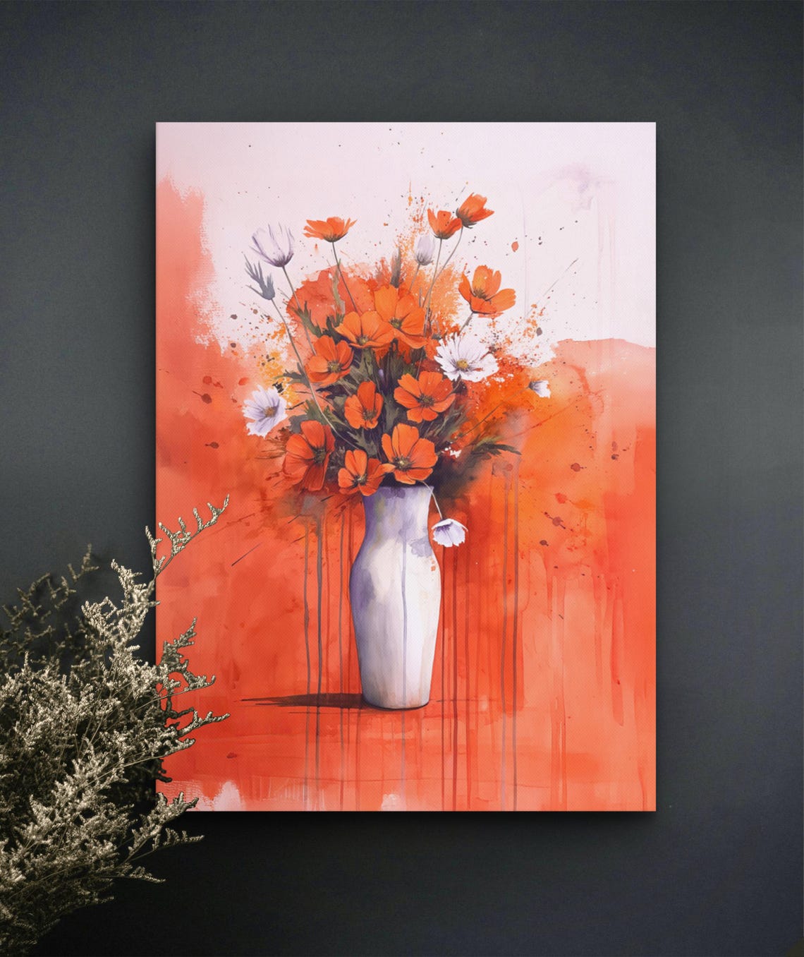 Vibrant Red Orange Floral Still Life Abstract Dripping Paint Poster