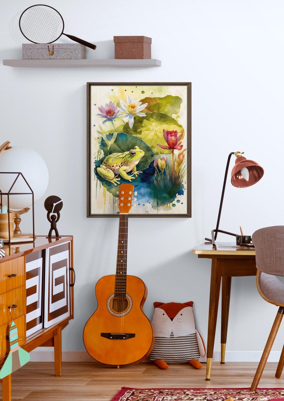 Cute Green Frog on Lily Pad With Water Lilies Watercolor Animal Art Poster - Image 4